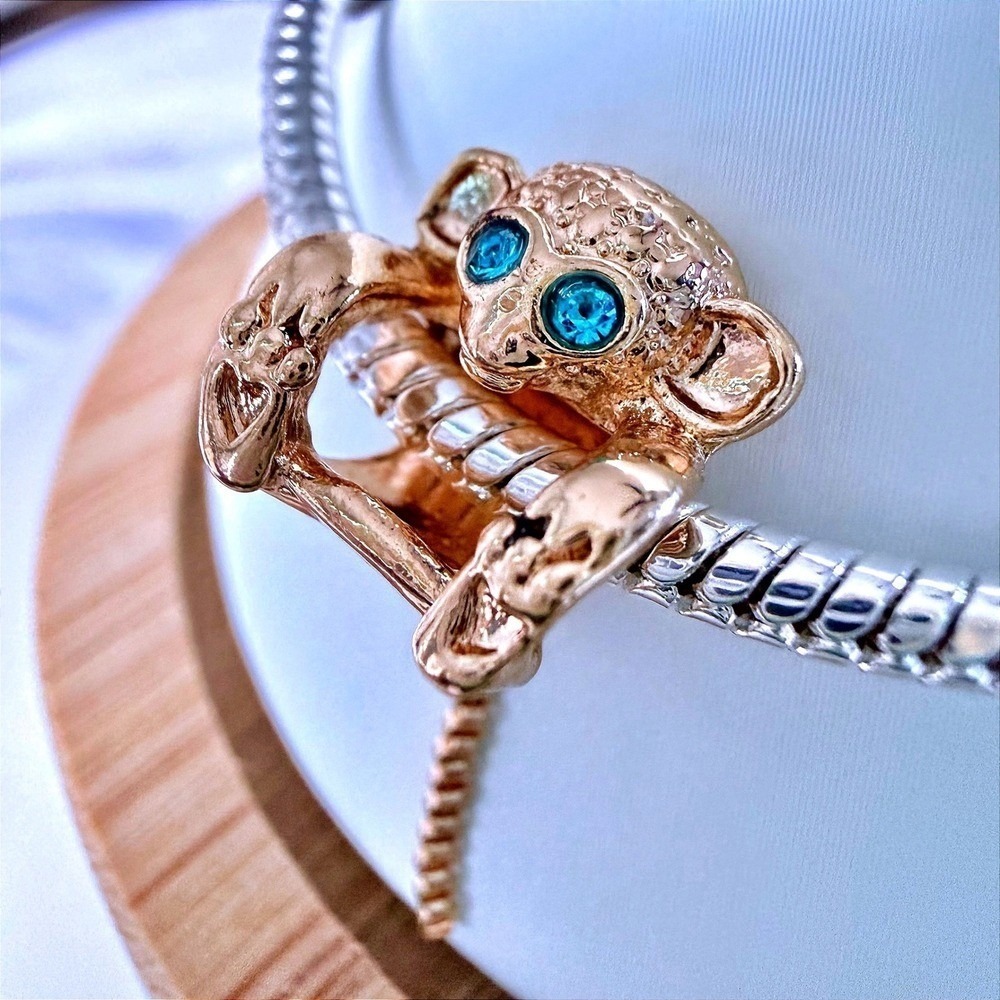 Pandora-like Rose Gold Monkey Blue Eye Silver Bead Charm Snake Chain Bracelet